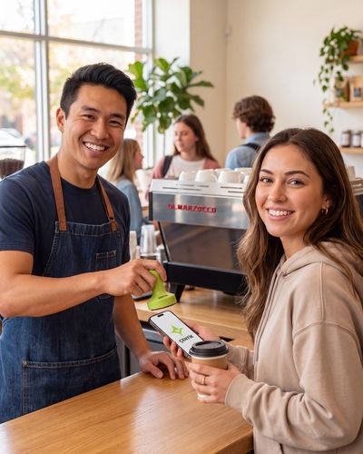 Barista ve müşteri Çentik dokunuşu